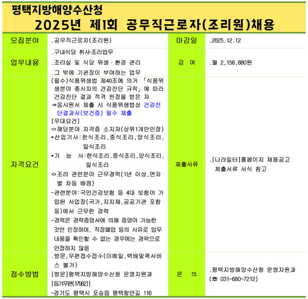 평택지방해양수산청 2025 년 제 1회 공 무 직 근 로 자 (조 리 원 )채 용